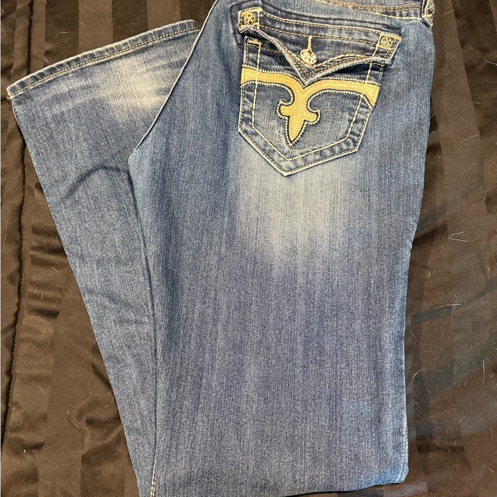 Rock Revival Blue Boot Cut Jeans with Embroidered Design
